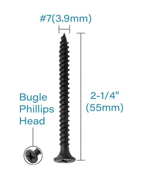 100pcs #7 x 2-1/4" Flat Head Phillips Drywall Screws, Carbon Steel 1022A, Black Phosphate