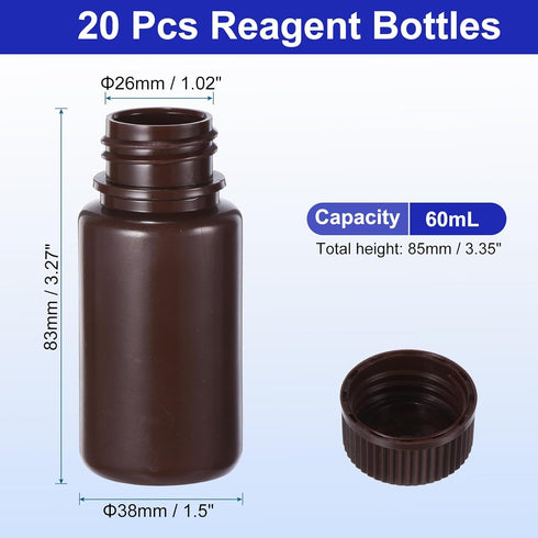 PATIKIL 20 Pcs 60ml Amber Reagent Bottles, PE Wide Mouth Round Bottles with Screw Cap for Lab Storage