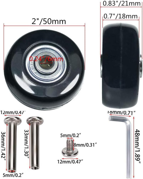50 x 18mm Set of 4 Luggage Suitcase Replacement Wheels, Rubber Swivel Caster Wheels Bearings Repair Kits