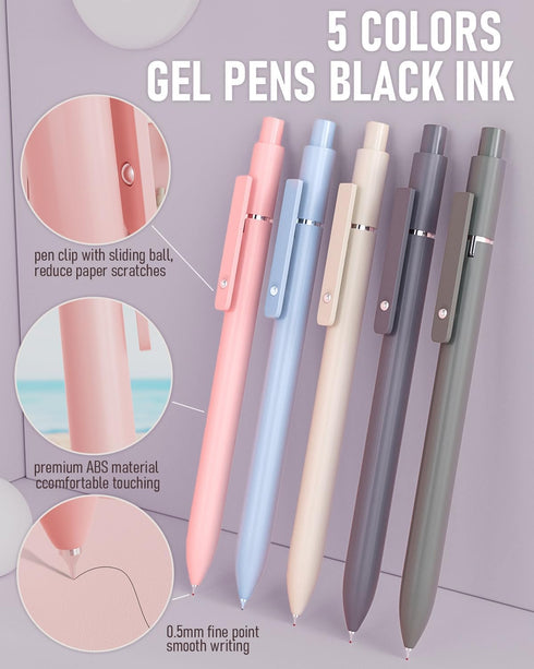 Nicpro 50 PCS Aesthetic School Supplies - 5 Quick Dry Retractable Black Ink Pens, 12 Pastel Highlighters, Mechanical