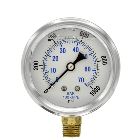 PIC Gauges PRO-201L-254M Pressure Gauge, 0-1000 PSI, 2 1/2" Dial, 1/4" Male NPT, Bottom Mount, Glycerin Filled