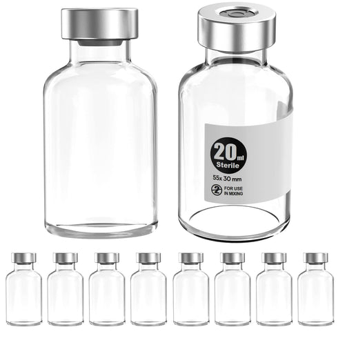 Sterile Empty Vials with Silver Aluminum Cap and Butyl Rubber Stopper, 10pcs (20ml)
