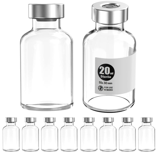 Sterile Empty Vials with Silver Aluminum Cap and Butyl Rubber Stopper, 10pcs (20ml)