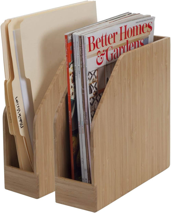 MobileVision Bamboo Vertical File Folder Holder & Office Organizer, Store Files, Magazines, Notepads, 2 Pack