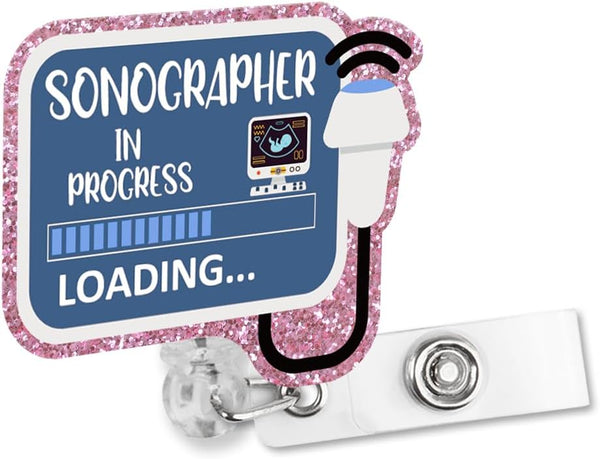 Sixrip Sonographer in Progress Retractable Glitter Irregular Badge Reel with Alligator Clip, Funny