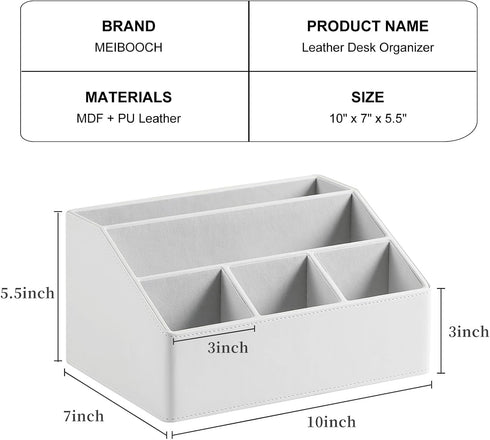 PU Leather Desk Organizer - Luxury Remote Control Holder for Home, Office Desk Accessories, Nightstand Organizer (White)