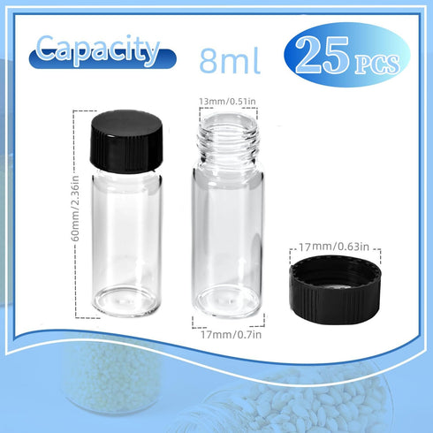 25 PCS 8ML Clear Sample Vials, Borosilicate Glass with Black Screw Caps, 17 * 60mm