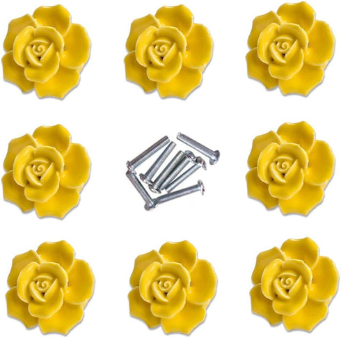 Handle Knobs, Elegant Pink Rose Pulls, Flower Ceramic Cabinet Knobs, 8 Pieces, Yellow