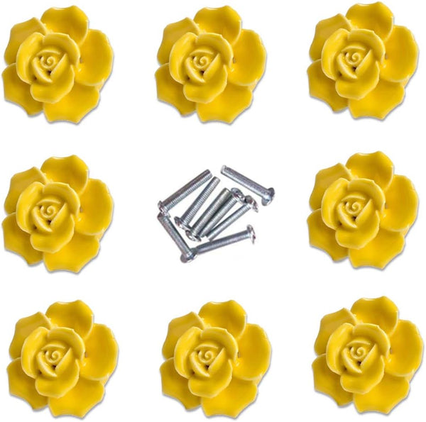 Handle Knobs, Elegant Pink Rose Pulls, Flower Ceramic Cabinet Knobs, 8 Pieces, Yellow