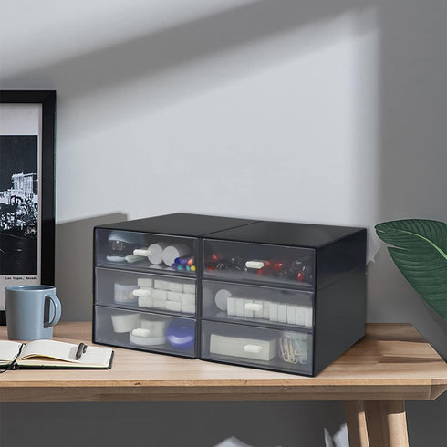 Desk Organizer with Drawer, Plastic Desk Storage Box for Office Stationery Supplies, Desktop Organizer (3 drawer, Black)