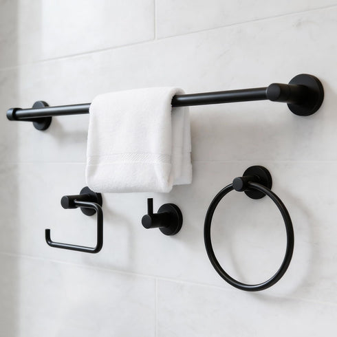 HIGHCRAFT 4-Piece Bathroom Accessory Set, Matte Black 24-Inch Towel Bar, Towel Ring,