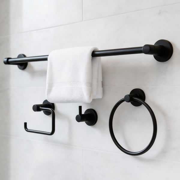 HIGHCRAFT 4-Piece Bathroom Accessory Set, Matte Black 24-Inch Towel Bar, Towel Ring,
