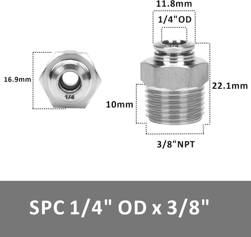 Push to Connect Fitting, 304 Stainless Steel Male Straight 1/4" Tube OD x 3/8" NPT Thread (Pack of 5)