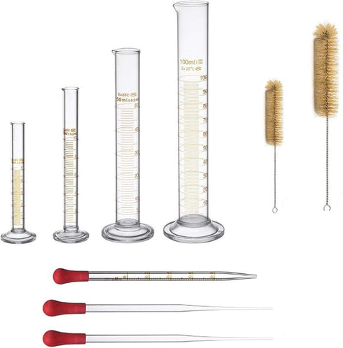 Thick Glass Graduated Measuring Cylinder Set, 5ml, 10ml, 50ml, 100ml with Two Brushes