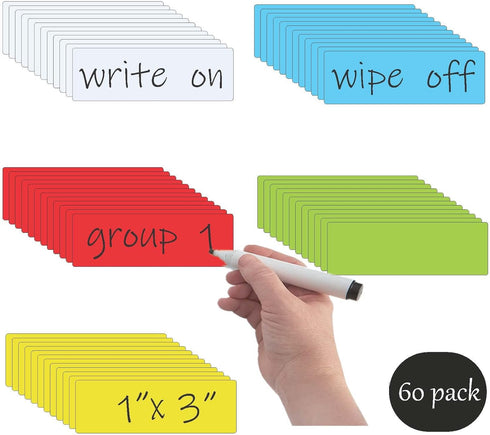 Dry Erase Magnetic Labels (1x3", Pack of 60) - Write On Magnets for Classroom, Office, & More (Multicolor)