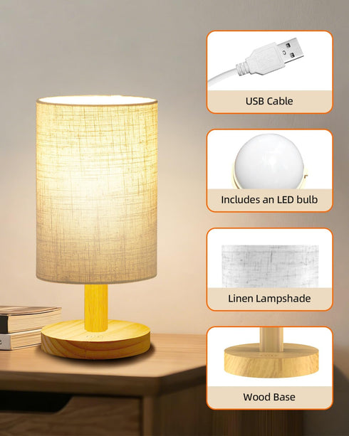 pickrelax Small Touch Table Lamp for Bedroom, Bedside Lamp for Warm Light LED Desk Lamp, Wood Base Round Flaxen Fabric