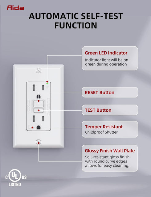AIDA Self-Test 15 Amp Indoor Duplex GFCI Receptacle Wall Outlet Charger with LED Indicator, White, UL Certified (1 Pack)