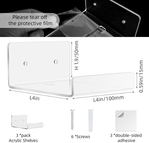 Douildhaiy 3 Pack Storage,4'' Acrylic Small Floating Shelf for Wall Clear Mini Adhesive Shelf for Living