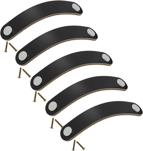 Yoohey 5 Pack Leather Cabinet Drawer Pulls, Modern Handmade Knob with Screws (Black, 14cm, 2 Holes)