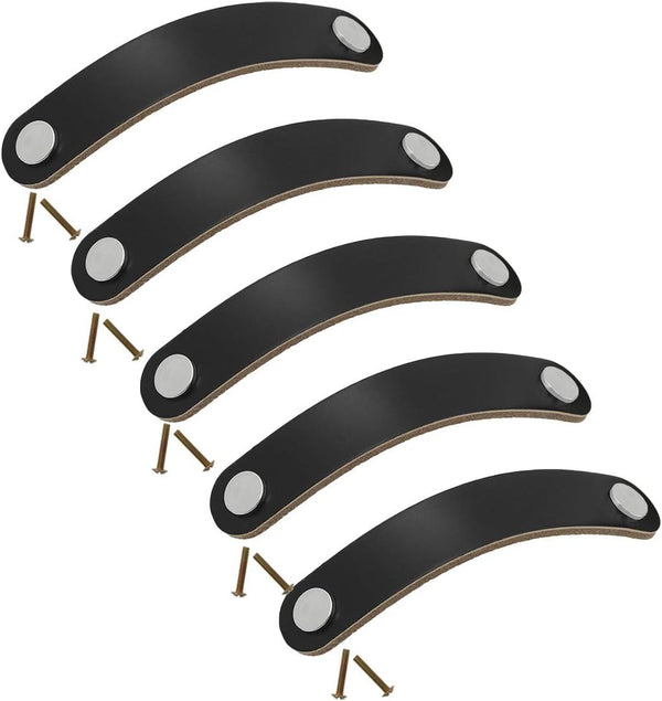 Yoohey 5 Pack Leather Cabinet Drawer Pulls, Modern Handmade Knob with Screws (Black, 14cm, 2 Holes)