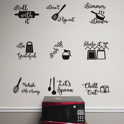 9PCS Kitchen Quotes Wall Decal, Roll It Let s Spoon Sticker, Black Cooking Utensils Wall Art for Kitchen Dining Room Fridge Restaurant Decor by MoharWall