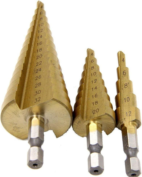 3pc 1/4" Hex Shank HSS Steel Step Drill Bit Set - Titanium Coated Cone Drill Hole Metal Cutter