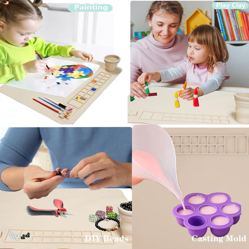 Silicone Painting Mat with Cup and Palette, 20"X16" Thick Silicone Art Mat for Craft, Artist Creator Mat