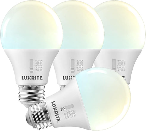 LUXRITE A19 LED Light Bulb, 9W Standard Bulbs, 60 Watt Equivalent, Dimmable, 5CCT 2700K-5000K, 800LM, E26 Base, 4 Pack