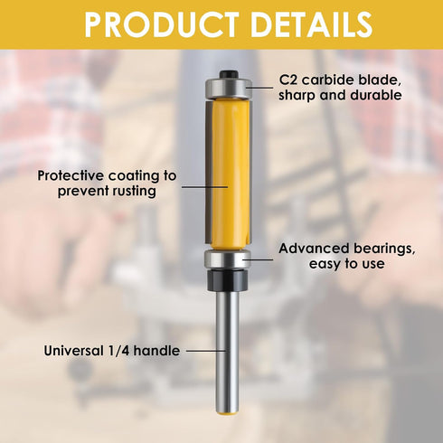Nextpal 3 Set 1/4 Inch Trimming Pcs Double Bearing Flush Trim Router Bits with Converter, Shank Carbide Top and Bottom