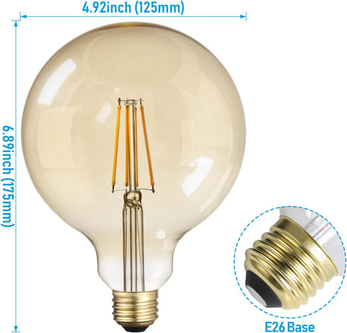 Artist Series G125 LED Globe Light Bulbs, 9W, 100W Equivalent, Amber, E26 Base, Vintage Filament, 2500K Warm White