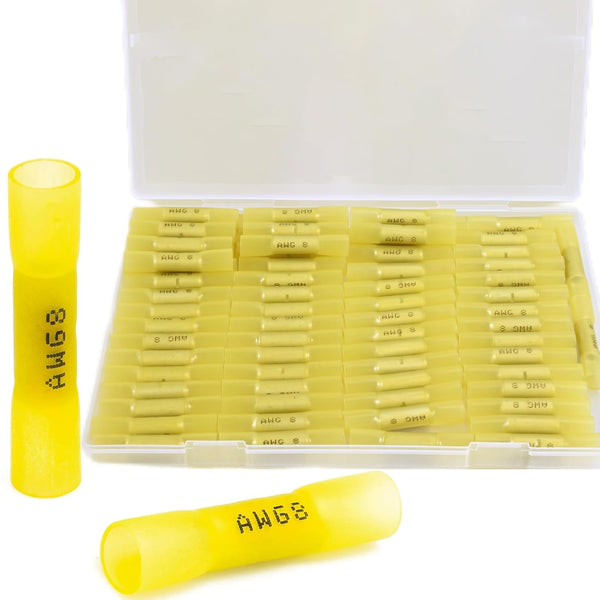40 PCS 8 Gauge Heat Shrink Butt Connectors 8 AWG Yellow Pre-Insulated Marine Grade Insulated Butt Splice Connectors