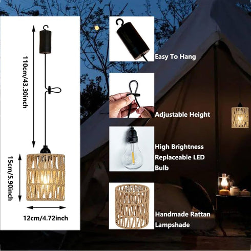 EcoGehen 2 Pack Bulb Battery Operated Pendant Light Outdoor Chandelier for Gazebo Hanging Lamp with LED Rattan Shade