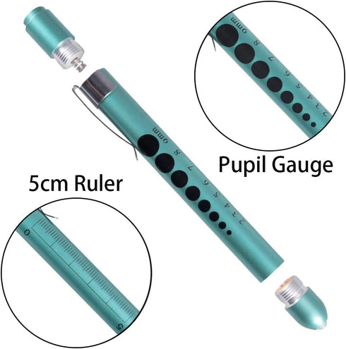 Aokin Medical Pen Light for Nurse Doctor, Reusable LED Flashlight with Pupil Gauge and Ruler, White Light, Teal