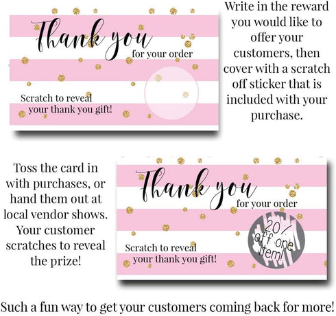 Pink Stripes Scratch & Win Customer Appreciation Package Inserts, 20 Single Sided Insert Cards with Scratch Off