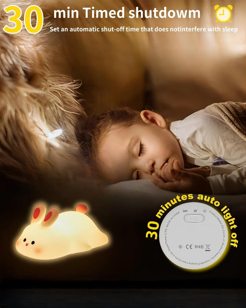 30-Min Big Face Rabbit Silicone Night Light, Squishy Bunny Lamp with Touch Control, Timer, Rechargeable Kids Night
