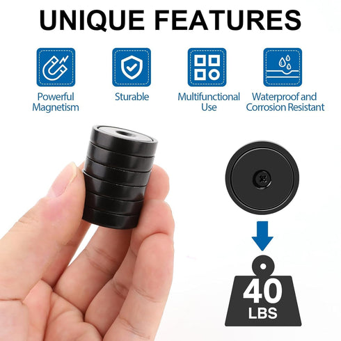 LOVIMAG 40LBS Rare Earth Magnets - 6 Pack Black Neodymium with Screws, Round Magnets for Tool Room, Cabinet, Wall