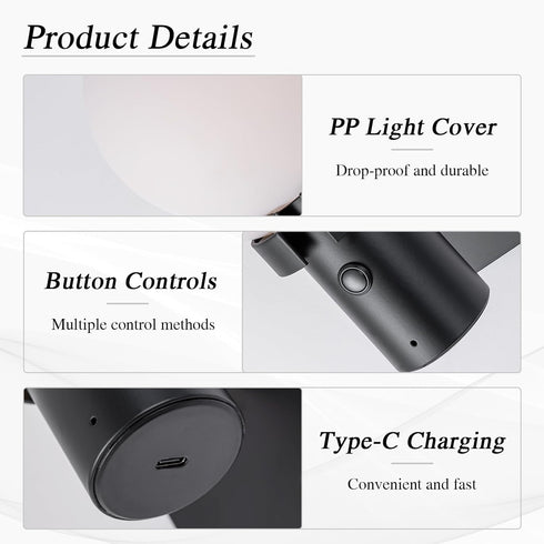 KSNALUX Set Dimmable 2700K Black LED Wall Sconces of Two Round Wall Lamp with Remote Cordless Lamp USB Rechargeable