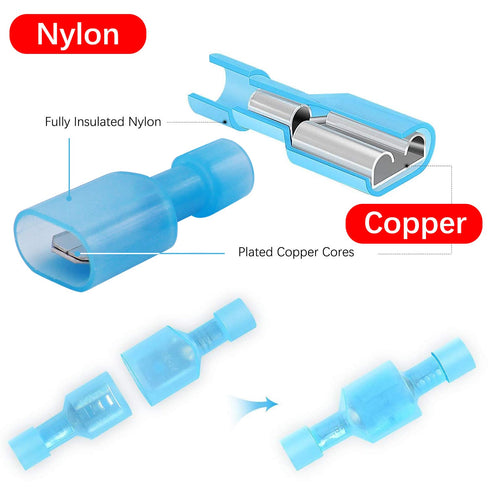 Tnisesm Male/Female Quick Disconnects Spade Wire Crimp Terminal Connectors, Blue 16-14AWG Fully Insulated