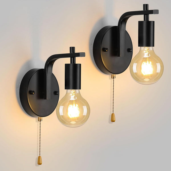 Glighone Vintage Pull Chain Wall Lights Set of Two with Switch Wall Lamp,Black