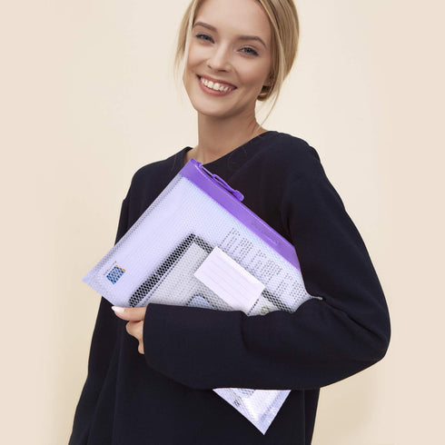 Wisdompro Zipper Pouch, 4 Packs Durable Letter Size Waterproof Mesh File Bag, Document Organizer - Purple