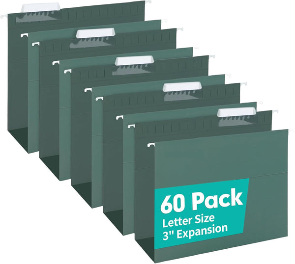 HERKKA Extra Capacity Hanging File Folders, 60 Pack, Reinforced Letter Size with Heavy Duty 3 Inch Expansion for Bulky