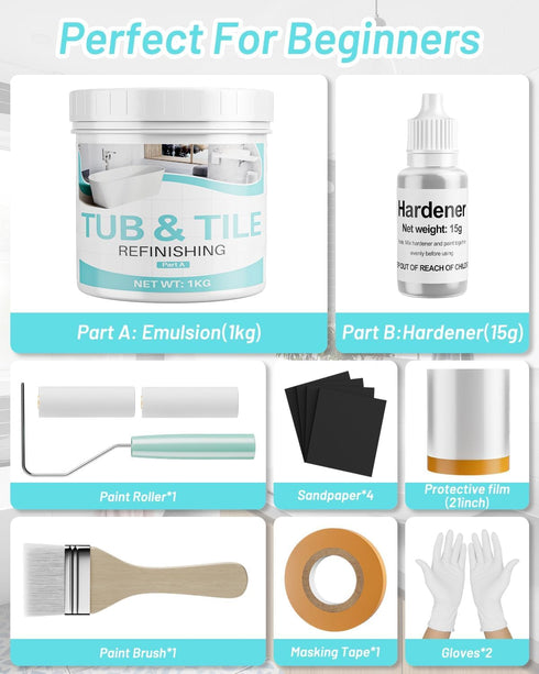 35oz Tub Paint for Bathtub, Tub and Tile Refinishing Kit with Tools, Water Based Bathtub Paint White for Tile, Toilets