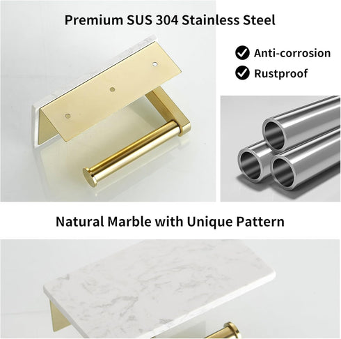 304 BWE Brushed Gold Toilet Paper Holder with Marble Shelf, Toilet Paper Roll Holder Wall Mounted, Toilet Paper Roll