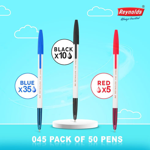 Reynolds 045 CARBURE 50 PENS JAR, 35 Blue, 10 Black & 5 Red Ball Pen, Lightweight with Comfortable Grip for Extra