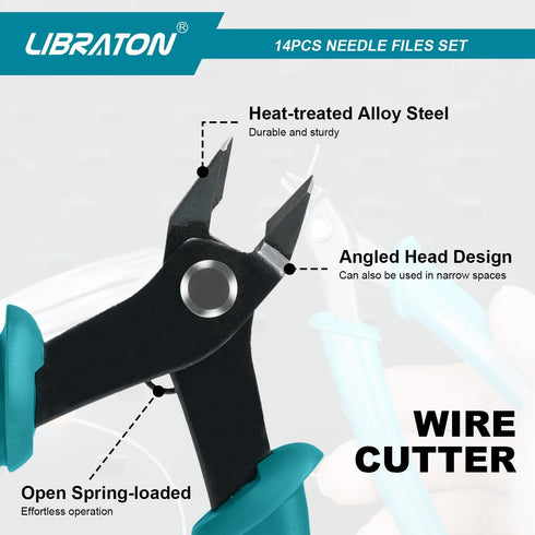 Libraton Needle File Set, 14PCS Diamond and Carbon Steel Files with Wire Cutter, Carry Bag for Soft Metal and Wood