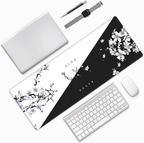 Japanese Life Death Keyboard Mat, Black White Anime Gaming Mouse Pad with Anti-Slip Rubber Base, Sakura Pagoda Sun