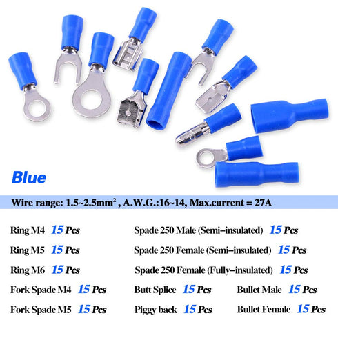 Glarks 540pcs Mixed Quick Disconnect Electrical Insulated Butt Bullet Spade Fork Ring Solderless Crimp Terminals Kit