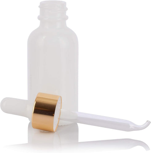 JUVITUS 1 oz Opal White Glass Boston Round Bottle with Gold Metal Dropper, 12 Pack + Funnel