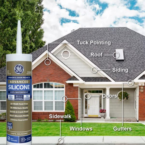 GE Advanced Silicone Caulk for Window & Door, 100% Waterproof Sealant, 10 oz Cartridge, White