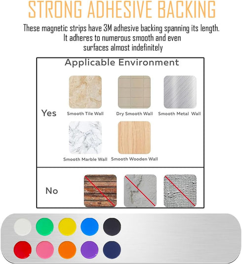 Stainless Iron Strips Bulletin Bar Board Adhesive Frameless Magnetic Strip with 10 Colorful Magnets and 8 Adhesive Tape